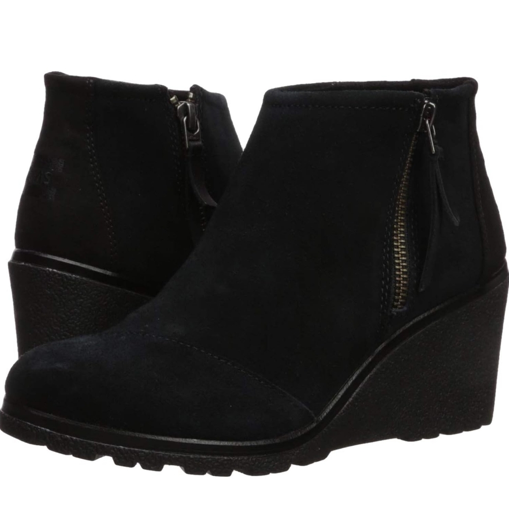 Black Wedge Ankle Boots with Suede Material and Zipper Closure
